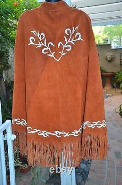 Vintage ladies Western wear fringed poncho, fancy leather floral deco, hand slits