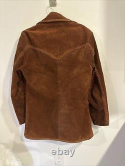 Vintage suede leather Brown blazer mens western braided Detail Jacket size L