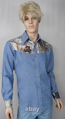 Vtg 1970's MUCHA Nouveau PaTcHwOrK Yoked Western Denim ROck STaR HiPPiE Shirt XL