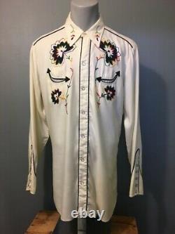 Vtg 50s 60s Gabardine H Bar C Western Pearl Snap Cowboy Shirt Mens L Rockabilly