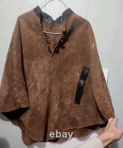 Vtg 60's Suede Leather Poncho Mountain Man Hippie Reenactment Festival Western
