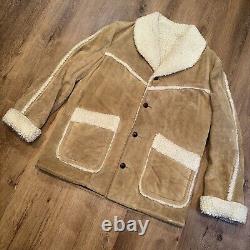 Vtg 60s 70s Coat Men Suede Leather Ranch Western Trucker Jacket Fur Sherpa LARGE