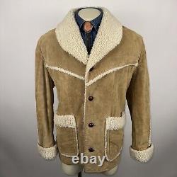 Vtg 60s 70s Leather Coat Suede Ranch Western Trucker Jacket Fur Sherpa Men Large