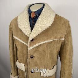 Vtg 60s 70s Leather Coat Suede Ranch Western Trucker Jacket Fur Sherpa Men Large