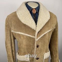 Vtg 60s 70s Leather Coat Suede Ranch Western Trucker Jacket Fur Sherpa Men Large