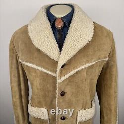 Vtg 60s 70s Leather Coat Suede Ranch Western Trucker Jacket Fur Sherpa Men Large