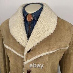 Vtg 60s 70s Leather Coat Suede Ranch Western Trucker Jacket Fur Sherpa Men Large