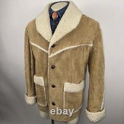 Vtg 60s 70s Leather Coat Suede Ranch Western Trucker Jacket Fur Sherpa Men Large