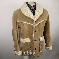 Vtg 60s 70s Leather Coat Suede Ranch Western Trucker Jacket Fur Sherpa Men Large