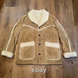 Vtg 60s 70s Leather Coat Suede Ranch Western Trucker Jacket Fur Sherpa Men Large