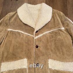 Vtg 60s 70s Leather Coat Suede Ranch Western Trucker Jacket Fur Sherpa Men Large