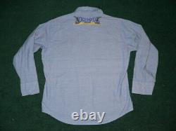 Vtg 60s 70s OLYMPIA BEER CHAMBRAY WESTERN SHIRT SzL PEARL SNAPS COWBOY EMBROIDER
