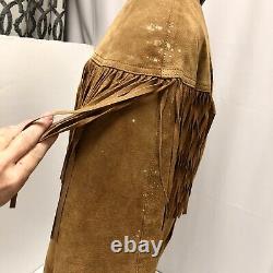 Vtg 70 80's Brown Suede Cowboy Western Coat Fringe Hippie Boho Leather Jacket L