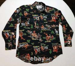 Vtg 70s H Bar C California Ranchwear Rodeo Cowboy Print Pearl Snap Shirt 16.5 L
