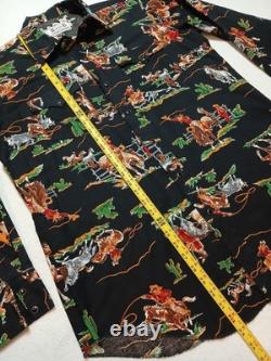Vtg 70s H Bar C California Ranchwear Rodeo Cowboy Print Pearl Snap Shirt 16.5 L