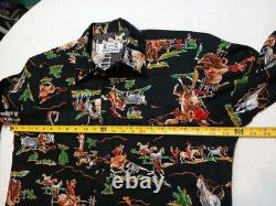 Vtg 70s H Bar C California Ranchwear Rodeo Cowboy Print Pearl Snap Shirt 16.5 L