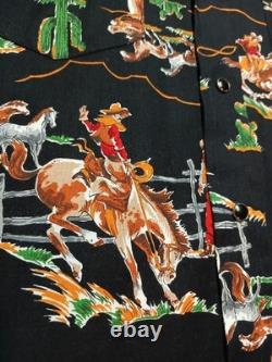 Vtg 70s H Bar C California Ranchwear Rodeo Cowboy Print Pearl Snap Shirt 16.5 L