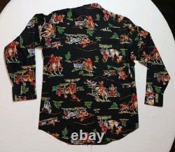 Vtg 70s H Bar C California Ranchwear Rodeo Cowboy Print Pearl Snap Shirt 16.5 L