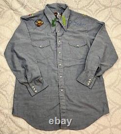 Vtg 70s Handmade Western Pearl Snap Blue Chambray Shirt USA Hand Embroidered