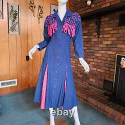 Vtg 80 Tacky Cowgirl Denim Fringe Panhandle Slim Rodeo Dancing Western Dress M/L