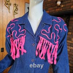 Vtg 80 Tacky Cowgirl Denim Fringe Panhandle Slim Rodeo Dancing Western Dress M/L