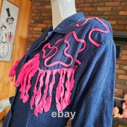 Vtg 80 Tacky Cowgirl Denim Fringe Panhandle Slim Rodeo Dancing Western Dress M/L