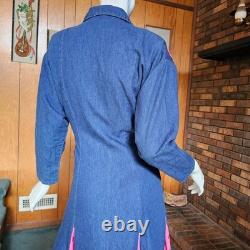 Vtg 80 Tacky Cowgirl Denim Fringe Panhandle Slim Rodeo Dancing Western Dress M/L