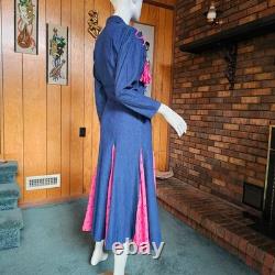 Vtg 80 Tacky Cowgirl Denim Fringe Panhandle Slim Rodeo Dancing Western Dress M/L