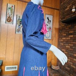 Vtg 80 Tacky Cowgirl Denim Fringe Panhandle Slim Rodeo Dancing Western Dress M/L