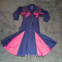 Vtg 80 Tacky Cowgirl Denim Fringe Panhandle Slim Rodeo Dancing Western Dress M/L