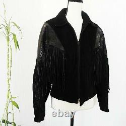 Vtg 80's CHIA Black Leather Jacket Large Fringe Suede Nubuck Western Cowboy Coat
