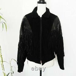 Vtg 80's CHIA Black Leather Jacket Large Fringe Suede Nubuck Western Cowboy Coat