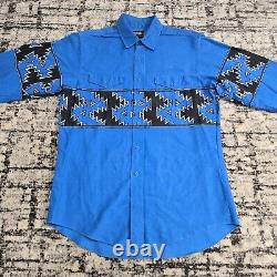 Vtg 80s Wrangler Brushpopper Shirt Western Country XL 16-35 Aztec Geometric Blue