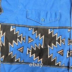 Vtg 80s Wrangler Brushpopper Shirt Western Country XL 16-35 Aztec Geometric Blue