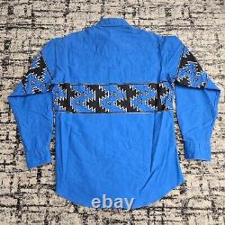 Vtg 80s Wrangler Brushpopper Shirt Western Country XL 16-35 Aztec Geometric Blue