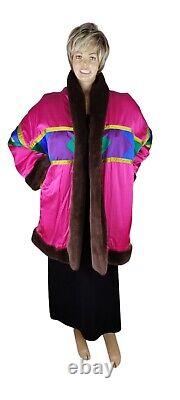 Vtg Ann Tjian Kenar Reversible Faux Fur Western Geometric Satin L Cocoon Coat