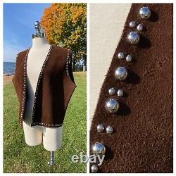 Vtg Brown Leather Vest 70s/80s STUDDED Open Front Western Hippie Biker Sz Large