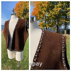 Vtg Brown Leather Vest 70s/80s STUDDED Open Front Western Hippie Biker Sz Large