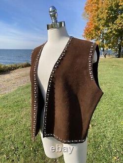 Vtg Brown Leather Vest 70s/80s STUDDED Open Front Western Hippie Biker Sz Large