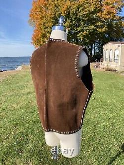 Vtg Brown Leather Vest 70s/80s STUDDED Open Front Western Hippie Biker Sz Large