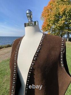 Vtg Brown Leather Vest 70s/80s STUDDED Open Front Western Hippie Biker Sz Large