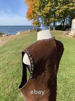 Vtg Brown Leather Vest 70s/80s STUDDED Open Front Western Hippie Biker Sz Large