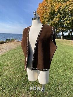 Vtg Brown Leather Vest 70s/80s STUDDED Open Front Western Hippie Biker Sz Large