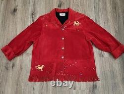 Vtg CHAR Santa Fe USA Red Suede Western Jacket Hand Painted Horse Fringe Size L