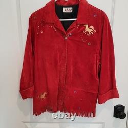 Vtg CHAR Santa Fe USA Red Suede Western Jacket Hand Painted Horse Fringe Size L