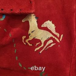 Vtg CHAR Santa Fe USA Red Suede Western Jacket Hand Painted Horse Fringe Size L