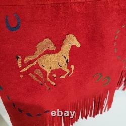 Vtg CHAR Santa Fe USA Red Suede Western Jacket Hand Painted Horse Fringe Size L