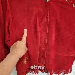 Vtg CHAR Santa Fe USA Red Suede Western Jacket Hand Painted Horse Fringe Size L