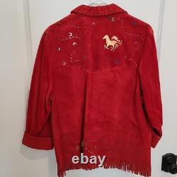 Vtg CHAR Santa Fe USA Red Suede Western Jacket Hand Painted Horse Fringe Size L
