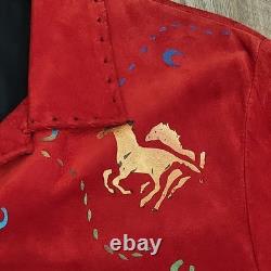 Vtg CHAR Santa Fe USA Red Suede Western Jacket Hand Painted Horse Fringe Size L